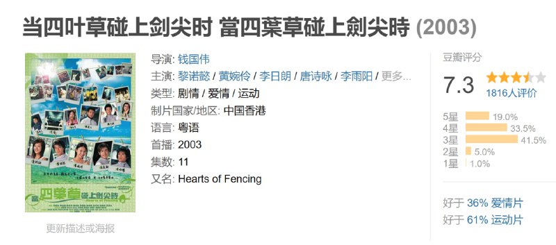 名称：当四叶草碰上剑尖时 當四葉草碰上劍尖時 (2003)描述：故事发生在崇艺私立高中内，曾经，学校里的剑击部名震四海，部内的四大天王更是美名远扬，然而，某日，他们竟然失踪了，这一重创让学校一蹶不振，逐渐默默无闻