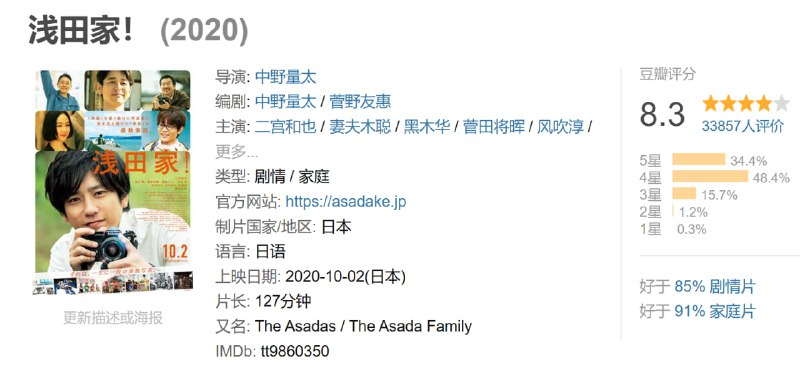 名称：浅田家！ (2020)描述：幸宏(妻夫木聪 饰)和政志(二宫和也 饰)出生在一个幸福的家庭之中，他们的父亲(平田满 饰)非常喜欢摄影，每一年，父亲都会给兄弟两人拍一张照片，制作成贺卡