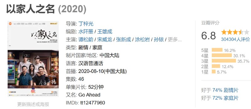 名称：以家人之名 (2020)描述：因为家庭变故，三个没有血缘关系的小孩成为了彼此新的家人