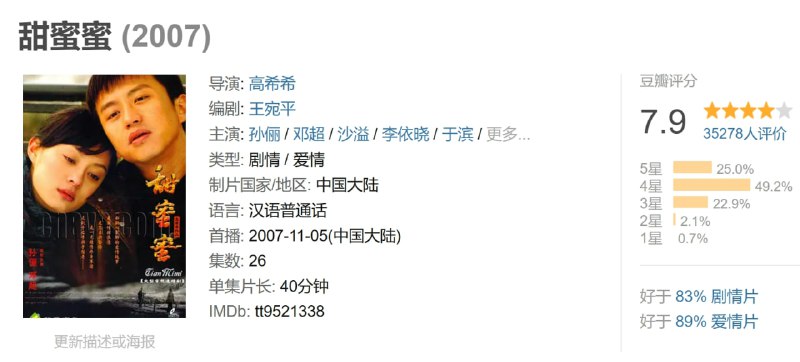 名称：甜蜜蜜 (2007)描述：一个是纨绔子弟，性情顽劣，却纯真善良