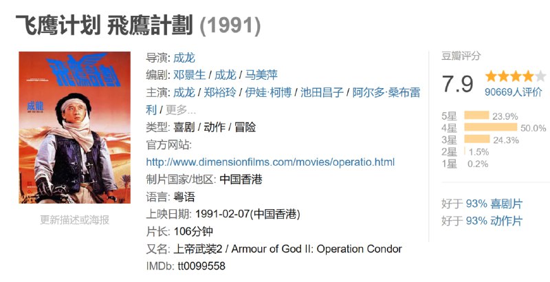 名称：飞鹰计划 飛鷹計劃 (1991)描述：历经艰辛刚摆脱非洲土人的追杀，飞鹰Jackie(成龙)就接到伯爵的急电，要其迅速赶到西班牙