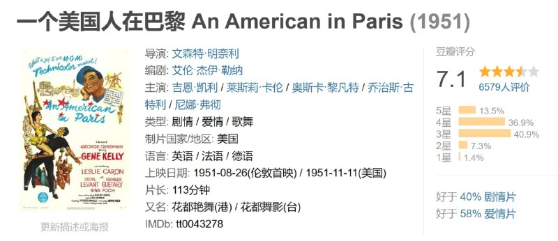 名称：一个美国人在巴黎 An American in Paris (1951)描述：杰瑞•莫里恩(金•凯利 Gene Kelly 饰)是住在巴黎一位穷困潦倒的美国画家，通过朋友钢琴手亚当(奥斯卡•莱文特 Oscar Levant 饰)，杰瑞结识了一位当红法国歌手亨利(乔治•盖塔瑞 George Guétary 饰)