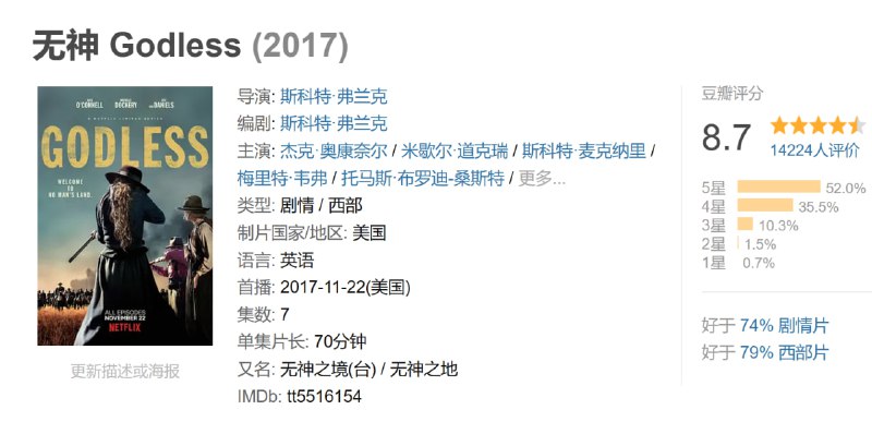 名称：无神 Godless (2017)描述：背景设定在19世纪80年代的美国西部地区，不法之徒Frank Griffin(丹尼尔斯饰)展开对他的前队友、后变为敌人的Roy Goode(奥康奈尔饰)的追捕行动