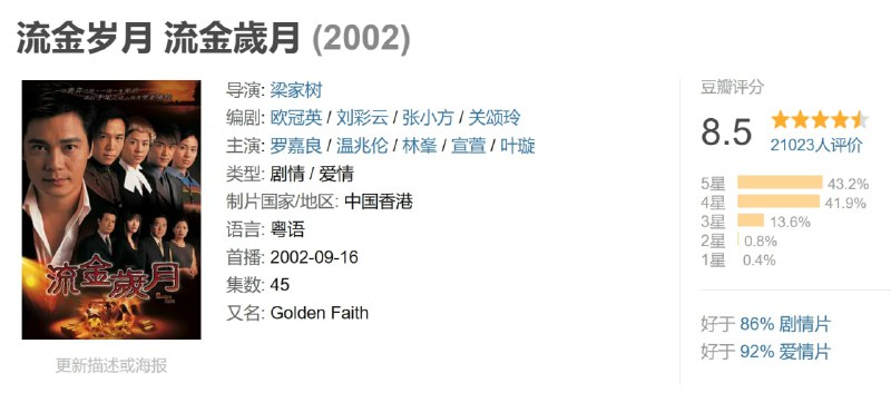 名称：流金岁月 流金歲月 (2002)描述：丁善本(罗嘉良 饰)在6岁时因父母沉船身亡，弟弟不知所踪