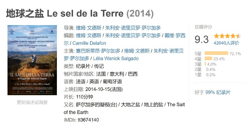 名称：地球之盐 Le sel de la Terre (2014)描述：他的镜头是打开的心眼，在最细微处直视灵魂，看到巴西巨坑五万掏金者的集体面相，看到科威特油井冲天大火的真正英雄，看到非洲的死亡延续着生存