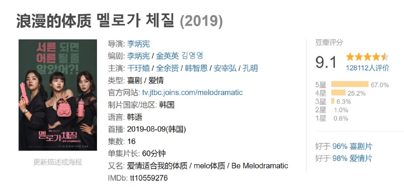 名称：浪漫的体质 멜로가 체질 (2019)描述：该剧为李炳宪导演首度执导的电视台播出的电视剧，也是继网剧《积极的体质》之后的又一尝试