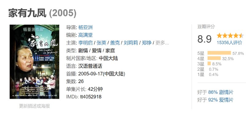 名称：家有九凤 (2005)描述：平遥古城的听雨楼，初家九个女儿在老太太(李明启 饰)的辛苦拉扯下长大成人