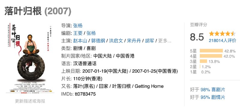 名称：【赵本山】落叶归根 2007 1080P 国语 中英双字【豆瓣8.5】描述：老赵（赵本山饰）是个五十多岁的农民，他南下深圳打工，因好友老刘死了，不得不走上背对方尸体回家安葬之旅