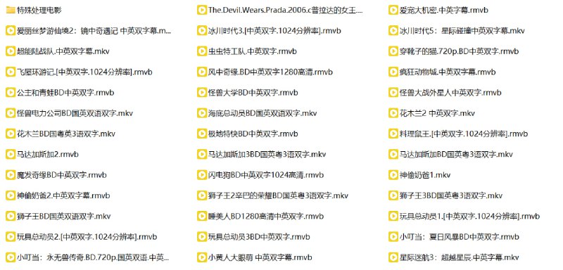 名称：60部最适合学习英语的电影(中英字幕)描述：本资源精选60部适合英语学习的电影，涵盖动画、喜剧、奇幻、冒险等多种类型，包括《穿普拉达的女王》《疯狂动物城》《狮子王》《玩具总动员》《神偷奶爸》《功夫熊猫》等经典作品