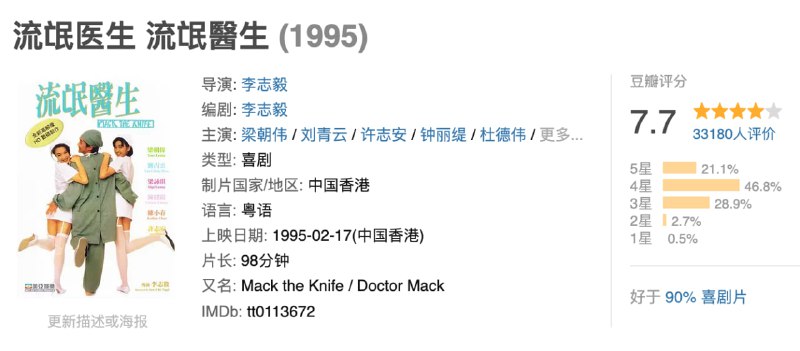 名称：流氓医生.1995.1080p.国粤双语.BD中字描述：医生刘文（梁朝伟 饰）表面是个玩世不恭的人，但他实际非常细腻、洞悉世情的人