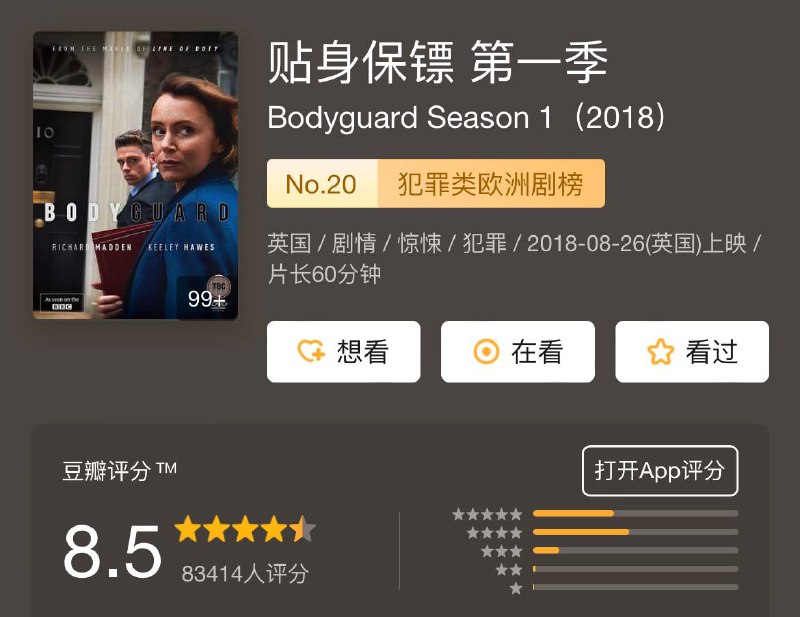 名称：贴身保镖 Bodyguard S01描述：虚构剧《贴身保镖》以政坛为背景，聚焦高层人物，讲述了英勇但易怒的退伍老兵戴维·巴德（理查德·麦登饰演）就职于伦敦警察厅要员保护局，在被派去保护野心勃勃而有影响力的内政大臣茱莉娅·蒙塔古（凯莉·霍威饰演）后，因职责与信念之间的冲突而左右为难