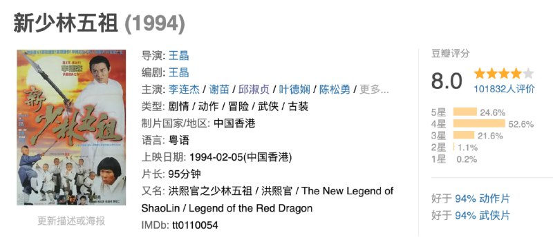 名称：新少林五祖.1994.国粤双语中字.1080P描述：清朝康熙年间，少林俗家弟子洪熙官（李连杰饰）是天地会成员，力图反清复明