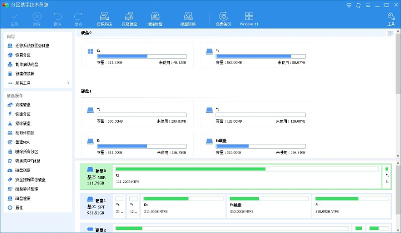 名称：分区助手技术员版 v9.14.0 电脑版 绿色版 装机助手 42.9MB描述：无损分区管理、调整分区大小(如C盘扩容案例：从228GB增至239GB)