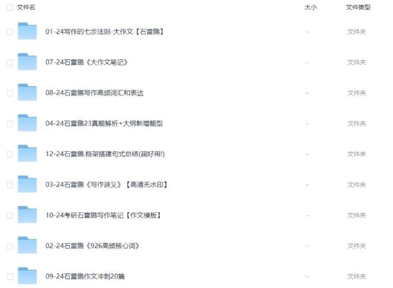 名称：2024年石雷鹏考研英语完整版 6.9G描述：2024年石雷鹏考研英语完整版，包含教程资料链接：