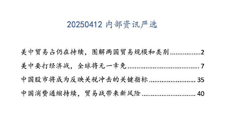 名称：汤山老王内部资讯严选(持续更新)描述：更新20250412 内部资讯严选美中贸易占仍在持续，图 解两国贸易规模和类别美中要打经济战，全球将 无一幸免中国股市将成为反映关税 冲击的关键指标中国消费通缩持续，贸易 战带来新风险链接：