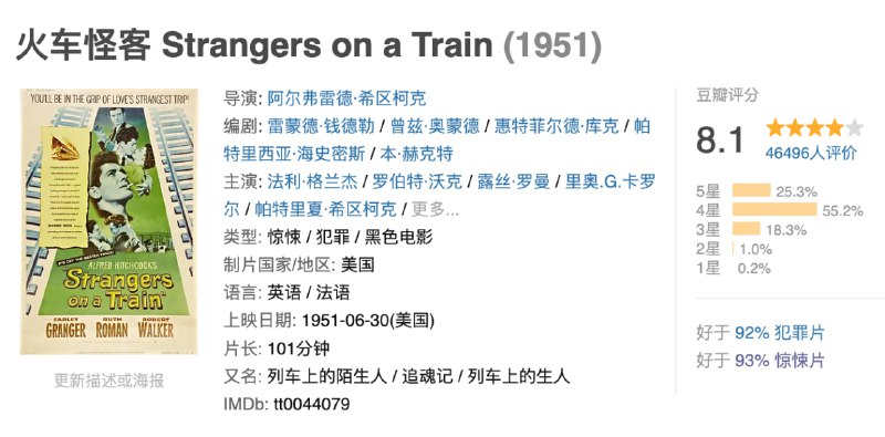 名称：火车怪客.1951.BD1080p.中英双字【希区柯克导演】【豆瓣8.1】描述：