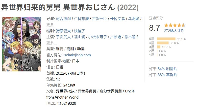 名称：异世界归来的舅舅 異世界おじさん (2022)【32.8GB，单集2.6G】外挂字幕描述：敬文的舅舅 17 岁时被卡车撞上，从此陷入昏迷