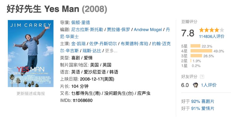 名称：好好先生.Yes.Man.2008.BD1080P.国英粤三语.中英双字描述：已过而立之年的卡尔·阿伦（金·凯瑞 Jim Carrey 饰）虽然衣食无忧，但他的人生可谓失败透顶