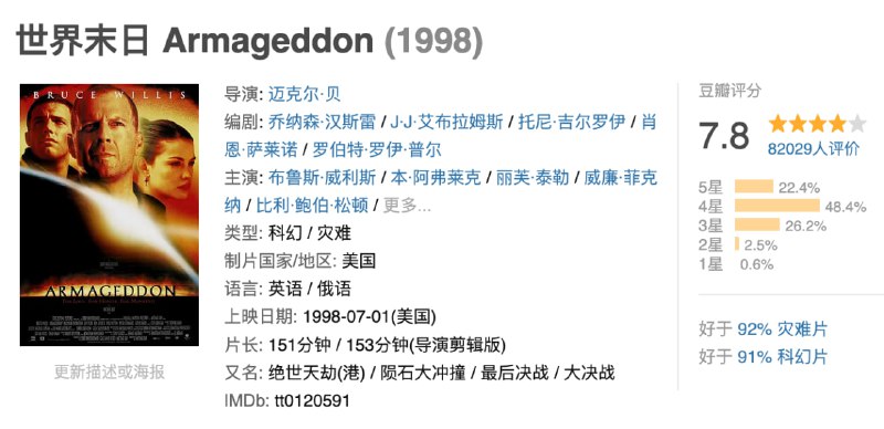名称：世界末日.1998.1080p.国英双语.BD中字描述：发现一颗巨大的陨石正朝地球方向奔来，并将于十八日内撞上地球时，美国太空总署想出阻止该陨石与地球相撞造成人类毁灭的办法：派人登陆陨石的表面，钻洞贯穿至陨石的地心，放入核弹引爆
