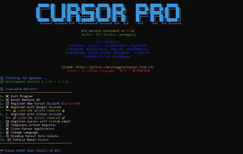 名称：Cursor Free VIP - 自动化注册 Cursor AI 并升级、无限白嫖 Pro 功能描述：一个开源工具，旨在帮助用户自动注册 Cursor AI 账户、重置机器 ID，并免费升级以使用 Pro 功能