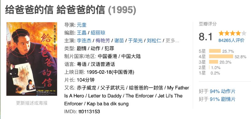 名称：给爸爸的信.1995.国粤双语中字.BluRay.1080p【豆瓣8.1】描述：大陆卧底公安巩伟（李连杰 饰）因工作关系，不能给与重病的妻子更多照顾，也不能为懂事又武艺高强的儿子巩固（谢苗 饰）提供更多关怀，在妻儿急需要他的时候，巩伟因上司的命令，假扮罪犯，和大陆抓获的香港黑道分子小黑（柯受良 饰）一同逃跑，踏上了远赴香港甫光（于荣光 饰）团伙卧底的旅途