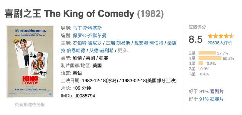 名称：喜剧之王.1982.中英双字.1080P【豆瓣8.5】描述：《喜剧之王》是马丁·斯科塞斯执导的黑色喜剧片，由罗伯特·德尼罗主演，杰瑞·刘易斯等共演
