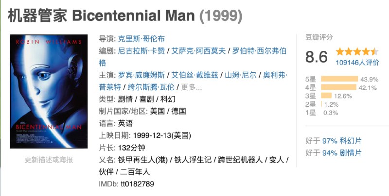 名称：机器管家.1999.1080p.BD中英双字【豆瓣8.6】描述：机器人安德鲁（罗宾·威廉斯 Robin Williams 饰）是尼尔家四代人的管家