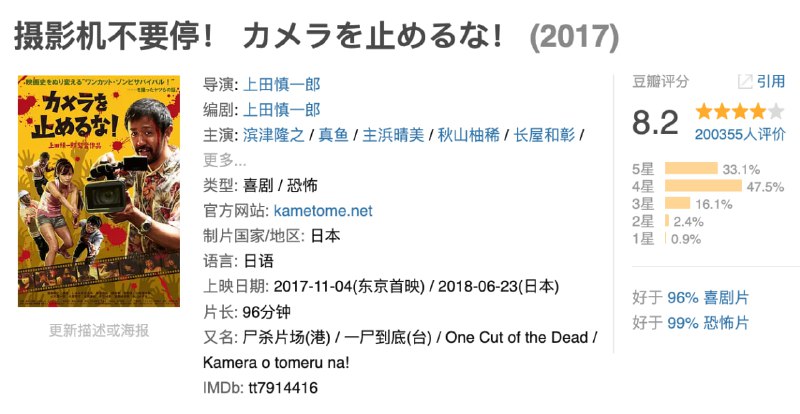名称：摄影机不要停.2017.1080p.BluRay.日语中字【豆瓣8.2】描述：郊外一座废弃的工厂内，一支摄制组正在拍摄一部粗糙简陋的僵尸片