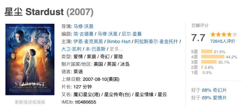 名称：星尘.2007.1080p.国英双语.BD中英双字描述：影片主要讲述了年轻的小伙儿特里斯坦安爱上了同村的姑娘维多利亚，一天他们看见一颗陨星，为讨女友欢心，特里斯蒂安答应要将那个陨石送给女友，从此踏上寻找陨石的旅程