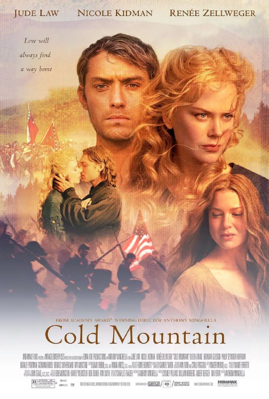 名称：冷山 Cold Mountain (2003)描述：美国南北战争时期，连连征战和南方军队的节节败退令士兵Inman（Jude Law 饰）心灰意冷，为了再见情人Ada（Nicole Kidman饰），他离开部队，踏上了漫漫回家路