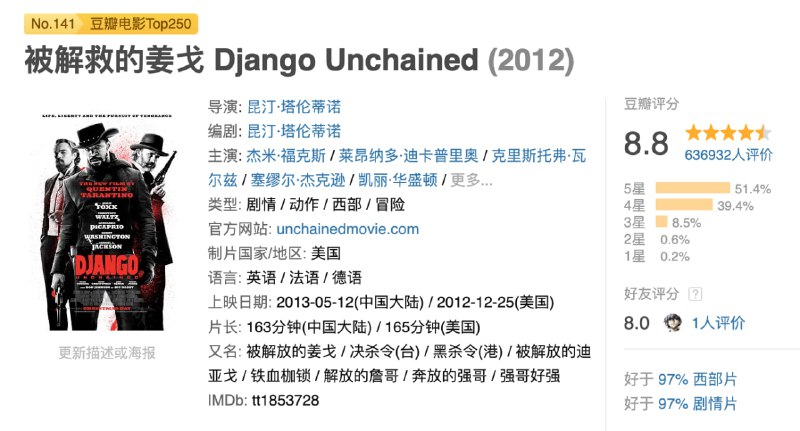 名称：被解救的姜戈 Django Unchained‎ (2012)描述：1858年，美国南北战争前两年