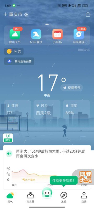 名称：彩云天气 - 每日实况预报 可视化地图描述：好用的天气预报观看软件！出行必备神器！【版本说明】解锁会员链接：