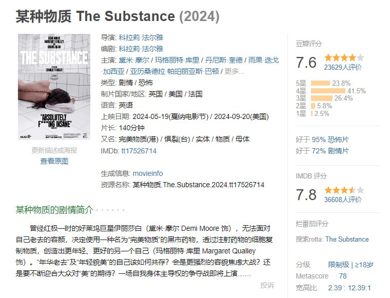 名称：某种物质 (2024) 1080P 人工翻译中字描述：尺度和口碑都很炸裂的一部恐怖惊悚电影，建议非恐影爱好者慎入！本片获得戛纳电影节“最佳编剧”资源提前偷跑，资源易和谐已加密压缩包，和谐了等补或用压缩包解压